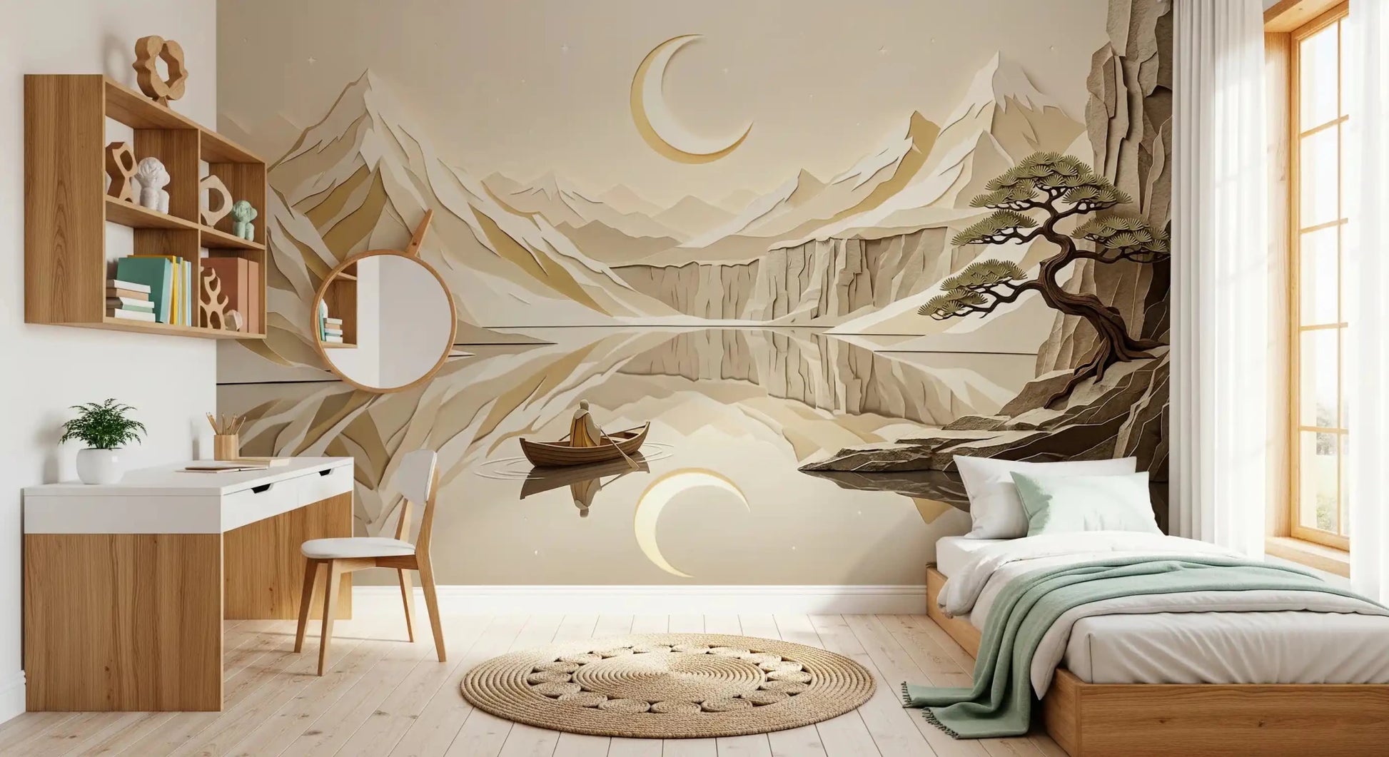 Bedroom mountain serenity wall mural with moon reflection
