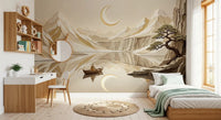 Bedroom mountain serenity wall mural with moon reflection