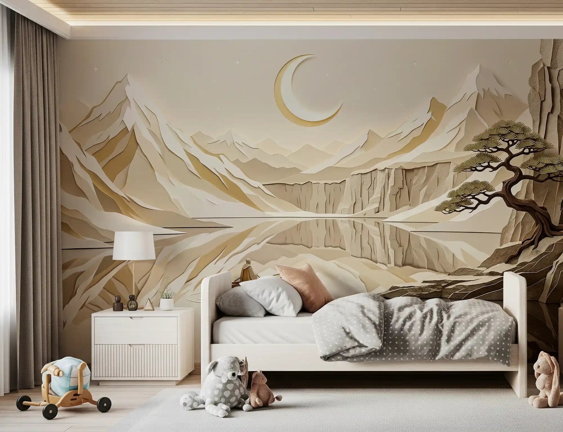 Calm lake wall mural with beige mountains and moonlight