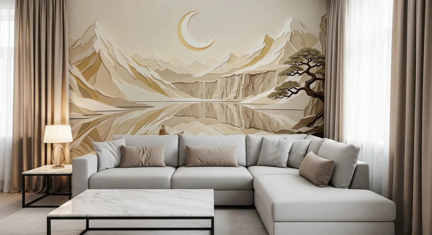 Living room lunar landscape wall mural with layered peaks