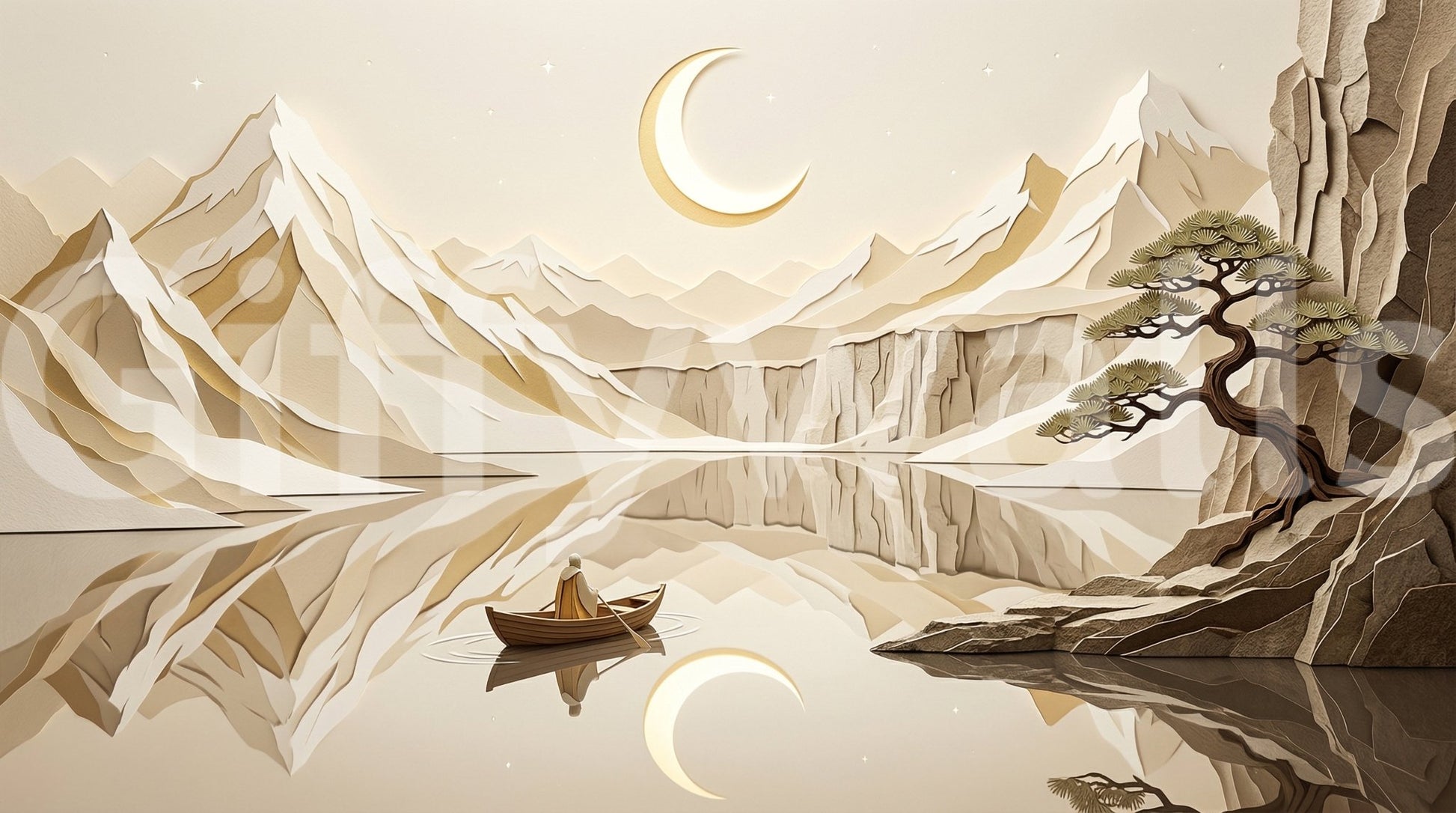 Moonlit mountain wall mural with soft neutral tones