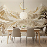 Soft neutral mountain wall mural with lake reflection