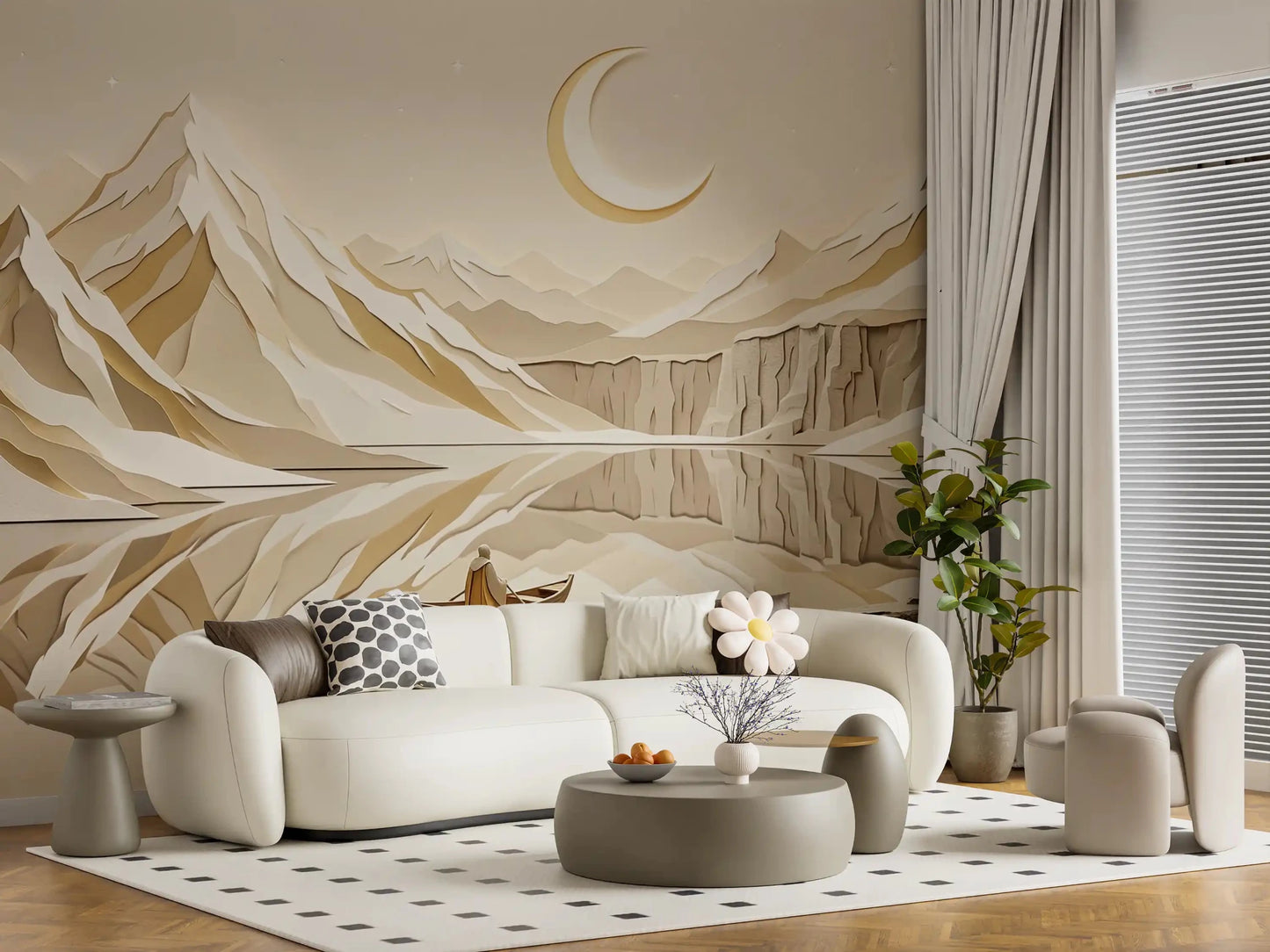 Living room lunar mountain wall mural with beige lake scene