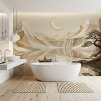 Minimal landscape wall mural with layered peaks and moon serenity.
