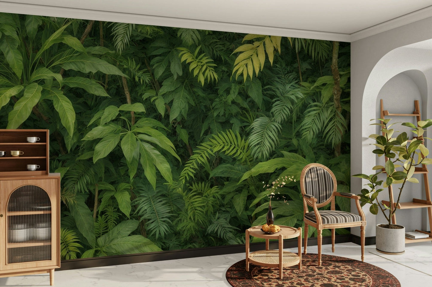 A wall mural of a peaceful jungle canopy.

