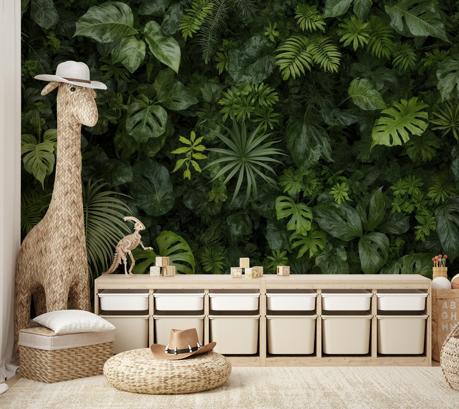 A wall mural depicting a dense wall of different types of green leaves.
