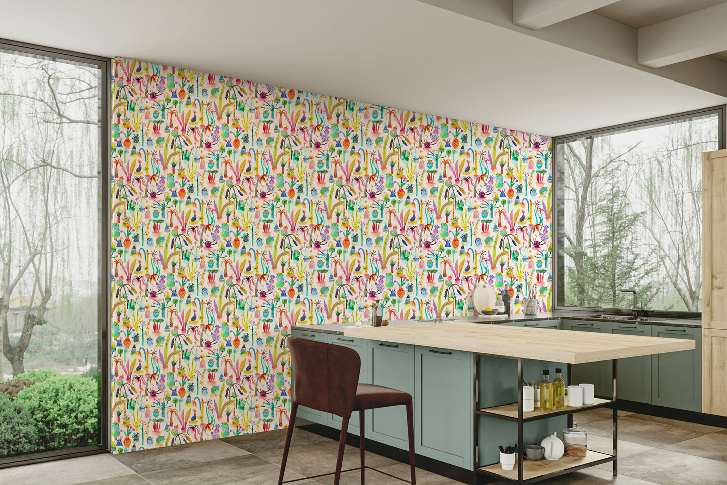 Illustrated garden scene wallpaper for kids’ walls

