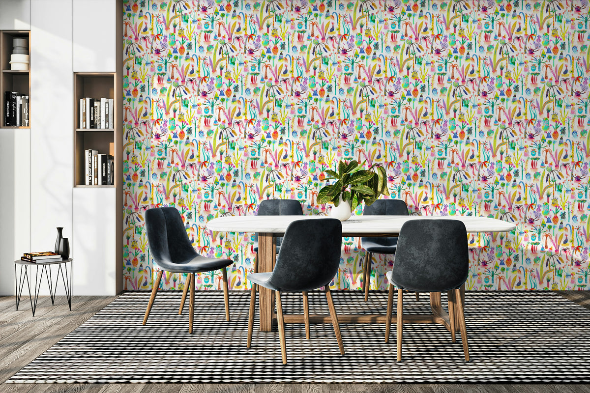 Whimsical garden wallpaper with butterflies and plants

