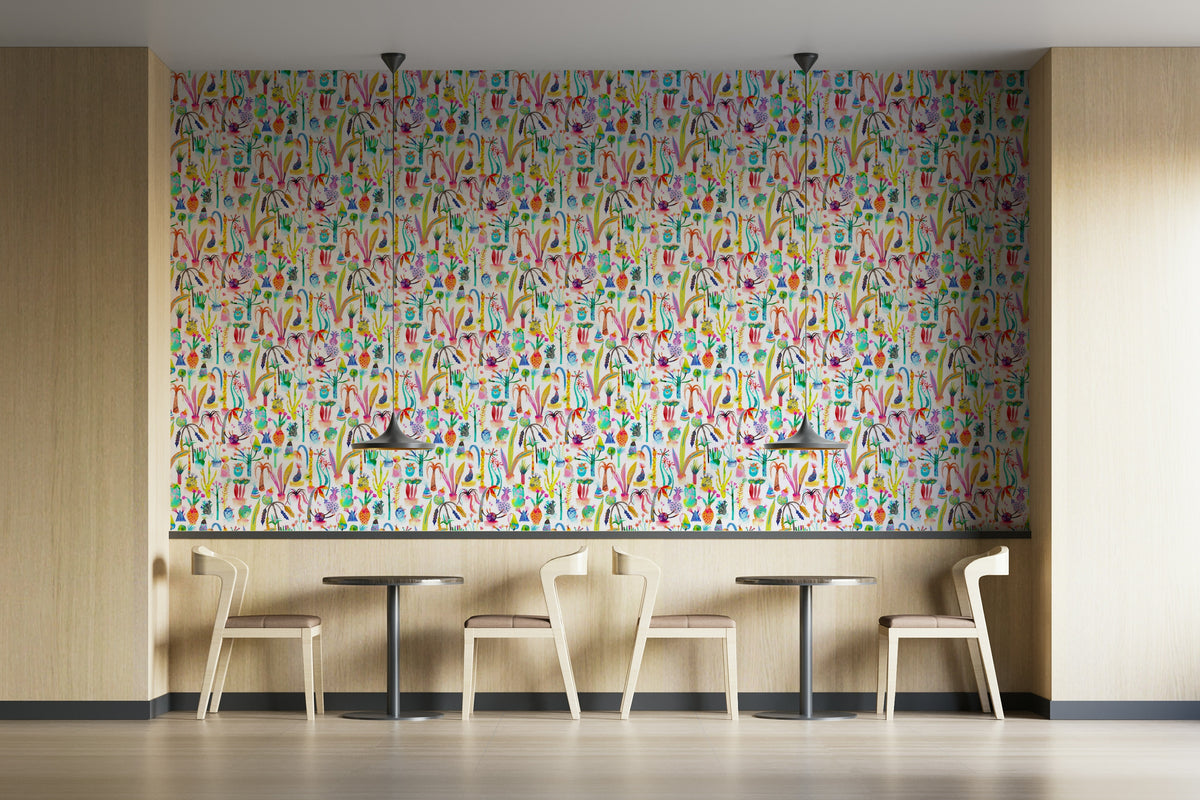 Colorful kids wallpaper with lush greenery design

