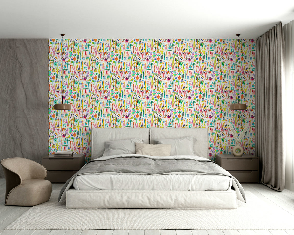 Kids botanical wallpaper with flowers and leaves

