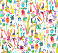 Kids Lush Garden wallpaper close-up showing whimsical potted plants and cacti in bright rainbow watercolor on white