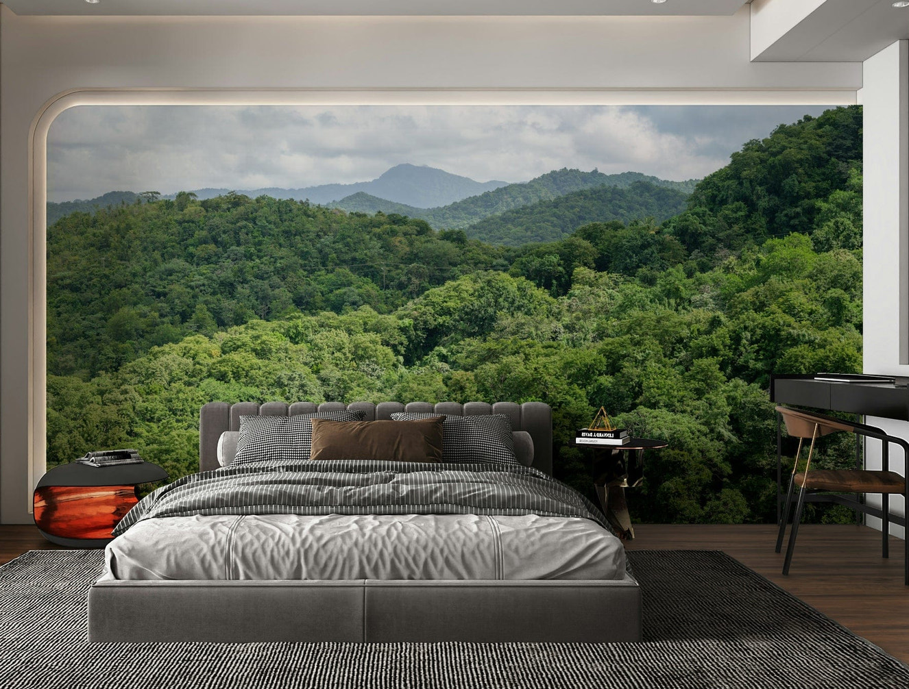 A graceful subtle slope wall mural in cool, natural tones.


