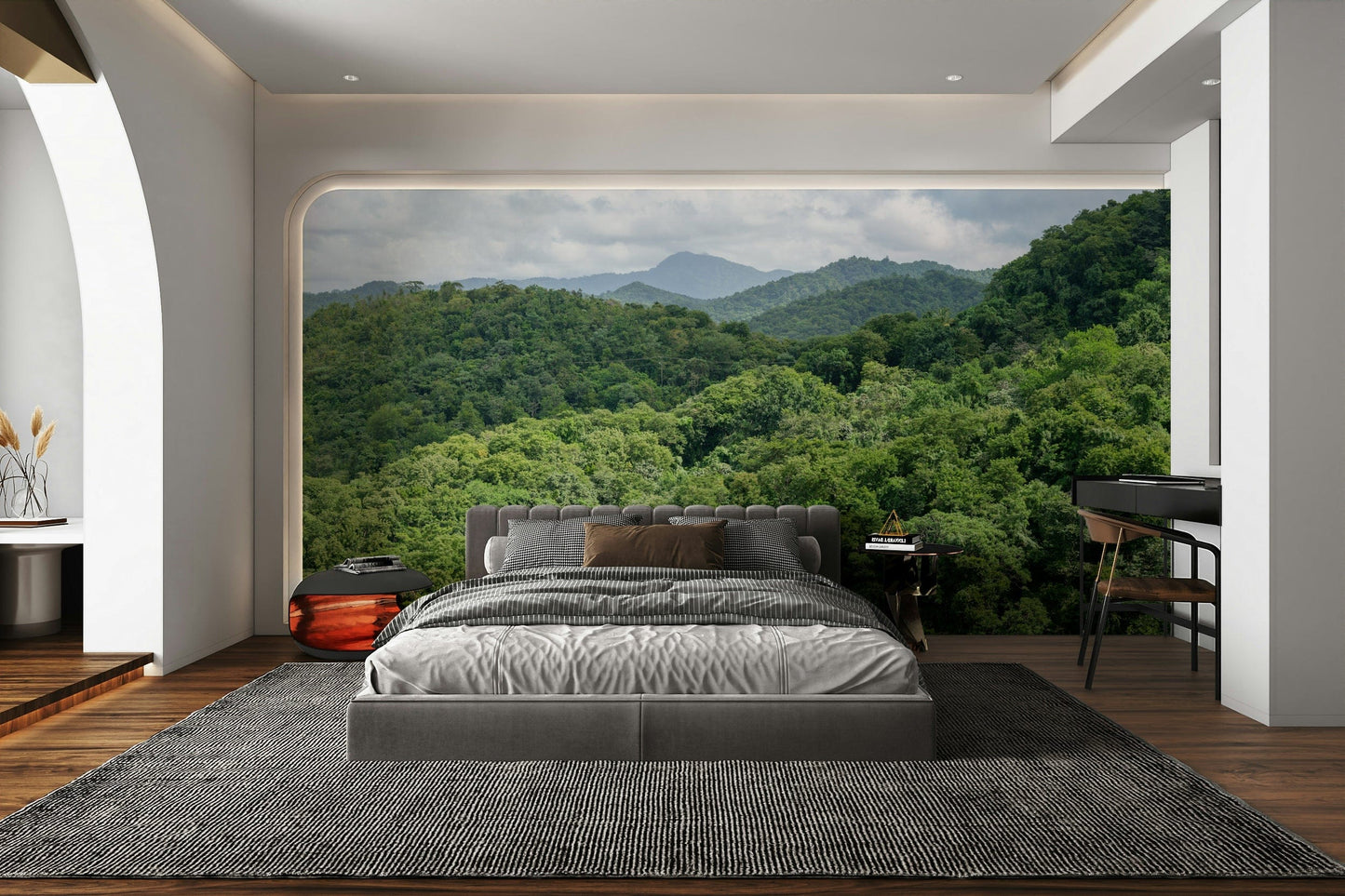 A graceful subtle slope wall mural in cool, natural tones.

