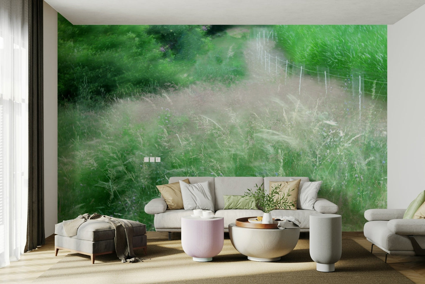 Muted green forest path mural
