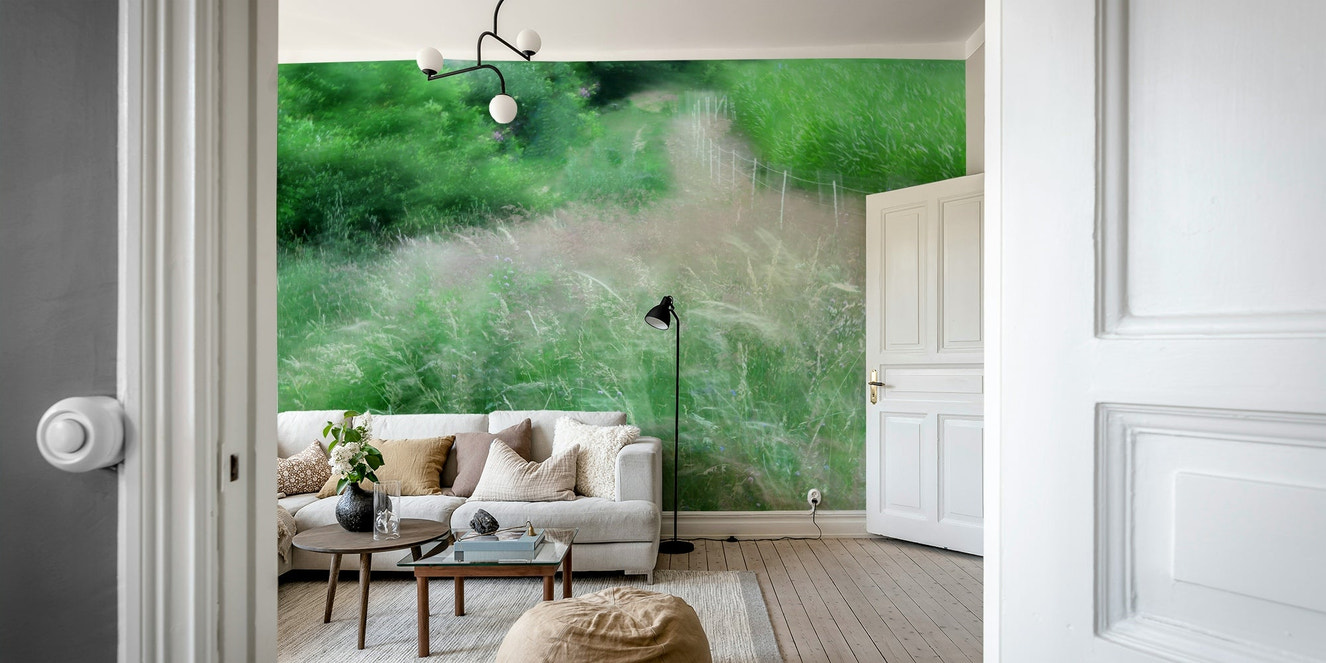 Lush green forest pathway mural
