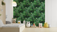 An angled shot of a wall with intense green wallpaper

