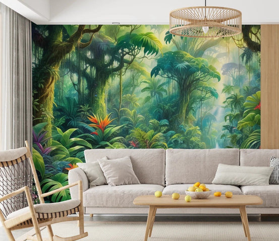 Lush Rainforest Retreat wallpaper mural of dense green jungle and red flowers behind a cream sofa and rocking chair in a living room