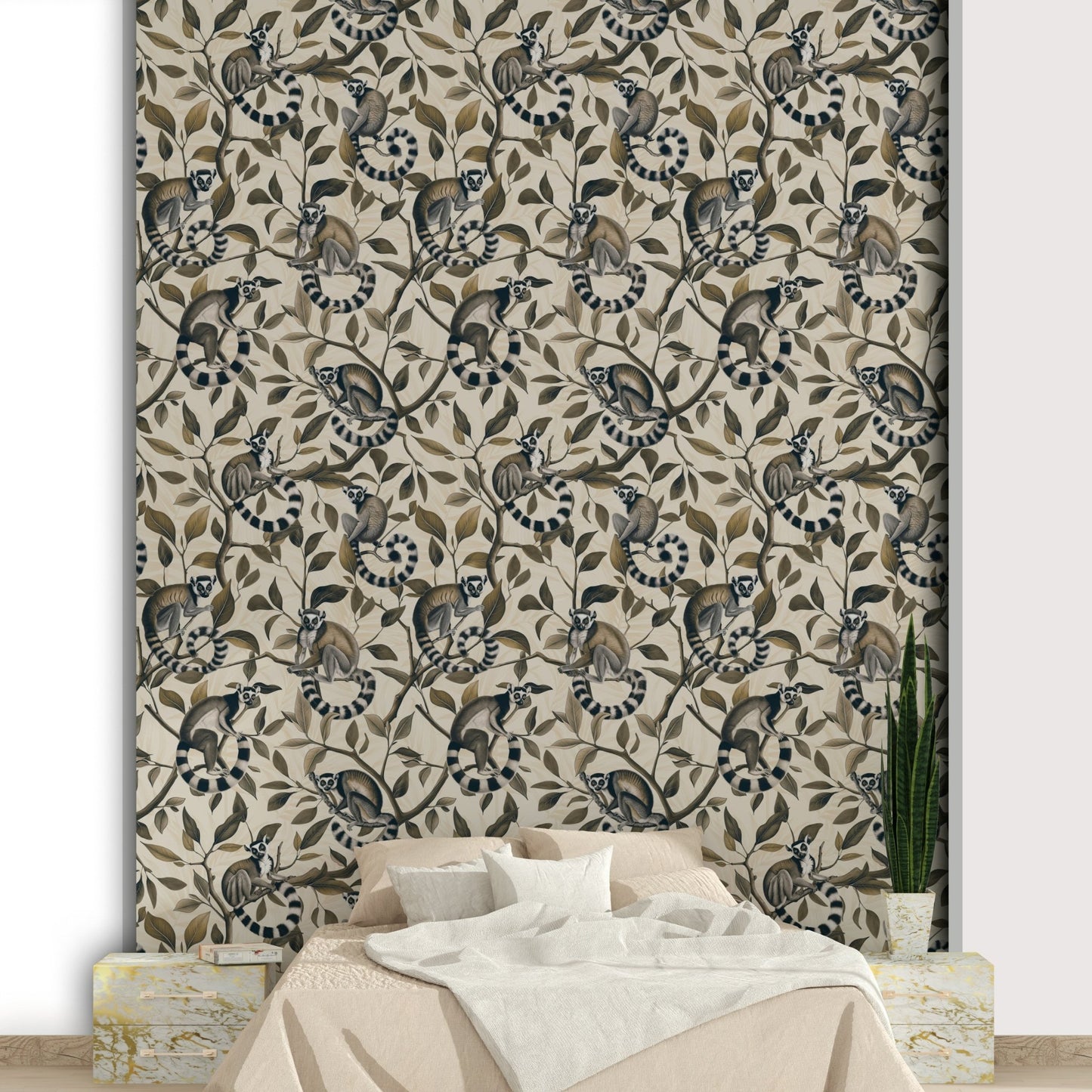 Jungle-themed wallpaper with lemurs

