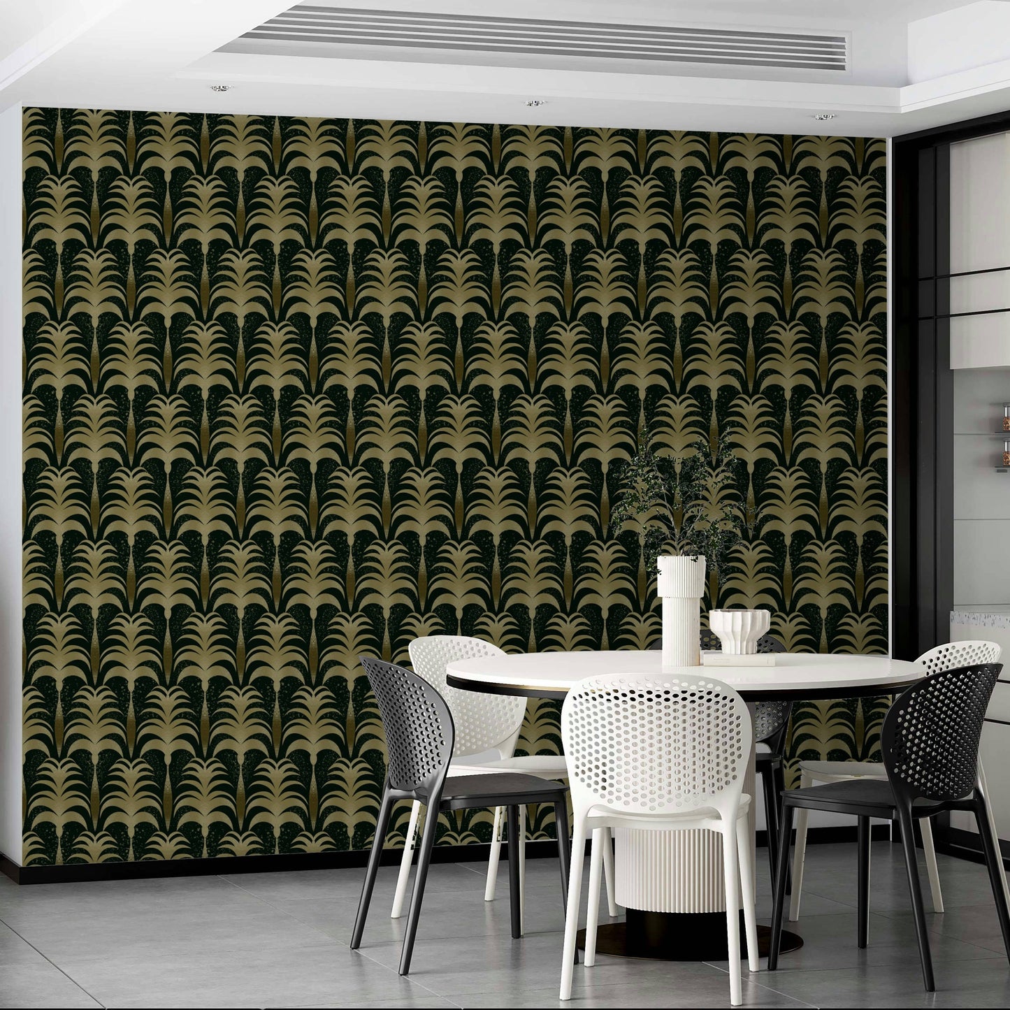 An artistic lush palm mural on minimalist wallpaper.

