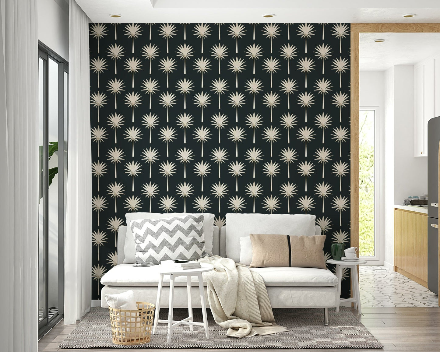 Luxe Palms Art Deco Tropical Flair wallpaper showcasing shimmering pale leaves.
