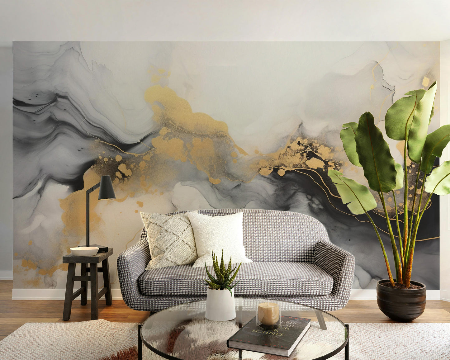 Luxurious Black and Gold Abstract Marble wallpaper mural in grey and gold behind a houndstooth sofa and tall palm in a living room