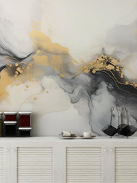 Luxurious Black and Gold Abstract Marble wallpaper mural in black and gold above a white louvred counter with cups in a kitchen