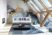 Luxurious Black and Gold Abstract Marble wallpaper mural behind a white pallet sofa with striped cushions in an attic loft lounge
