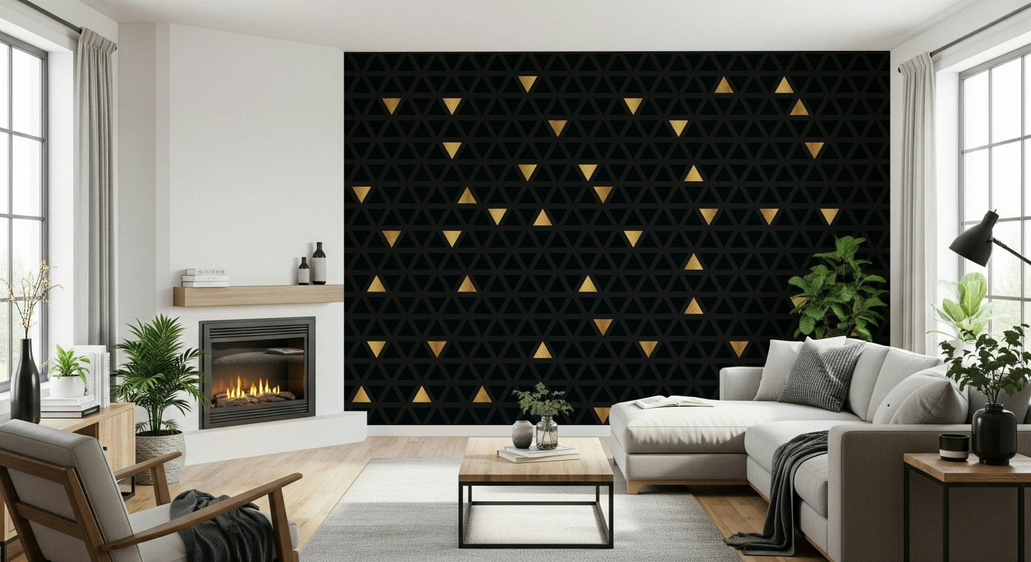 A stylish office space using the Luxury Black and Gold Triangles Wall Mural, a perfect example of elegant geometric wallpaper.