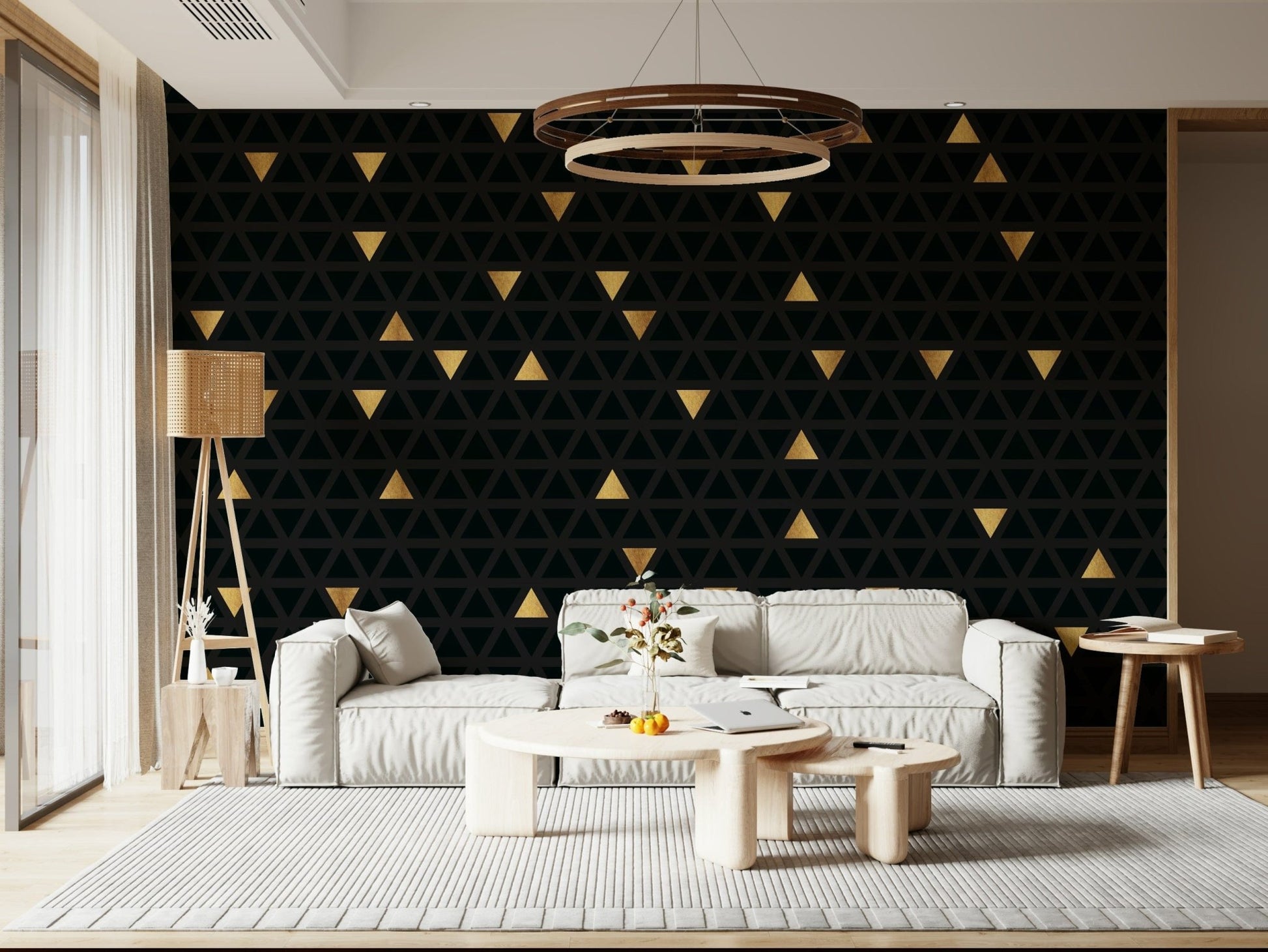 Modern bedroom featuring the Luxury Black and Gold Triangles Wall Mural as an accent wall, adding a touch of geometric wallpaper glamour.