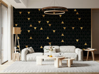 Modern bedroom featuring the Luxury Black and Gold Triangles Wall Mural as an accent wall, adding a touch of geometric wallpaper glamour.