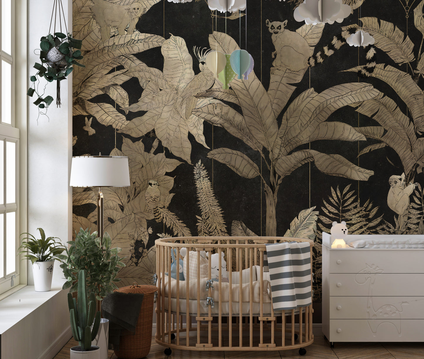 Luxe botanical jungle wallpaper with shimmering gold
