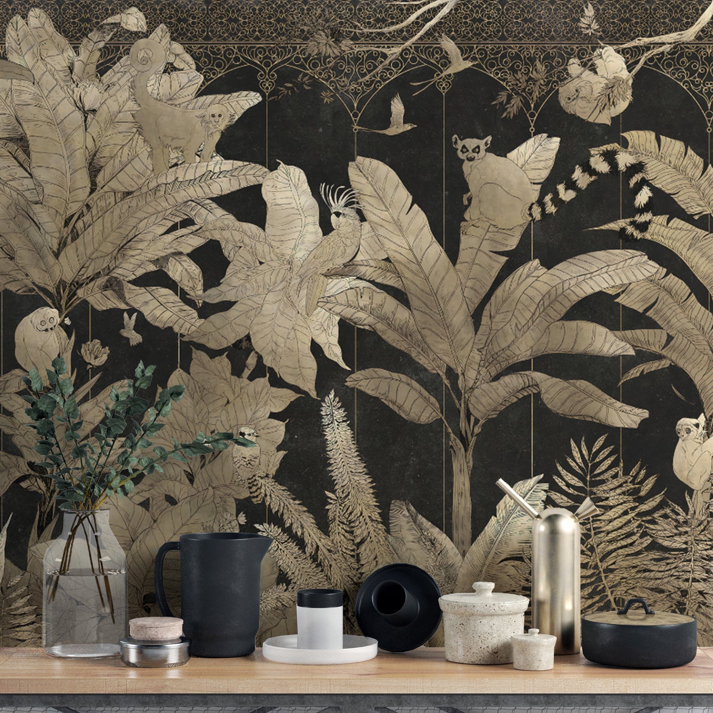 High-end tropical wallpaper with gold and black hues
