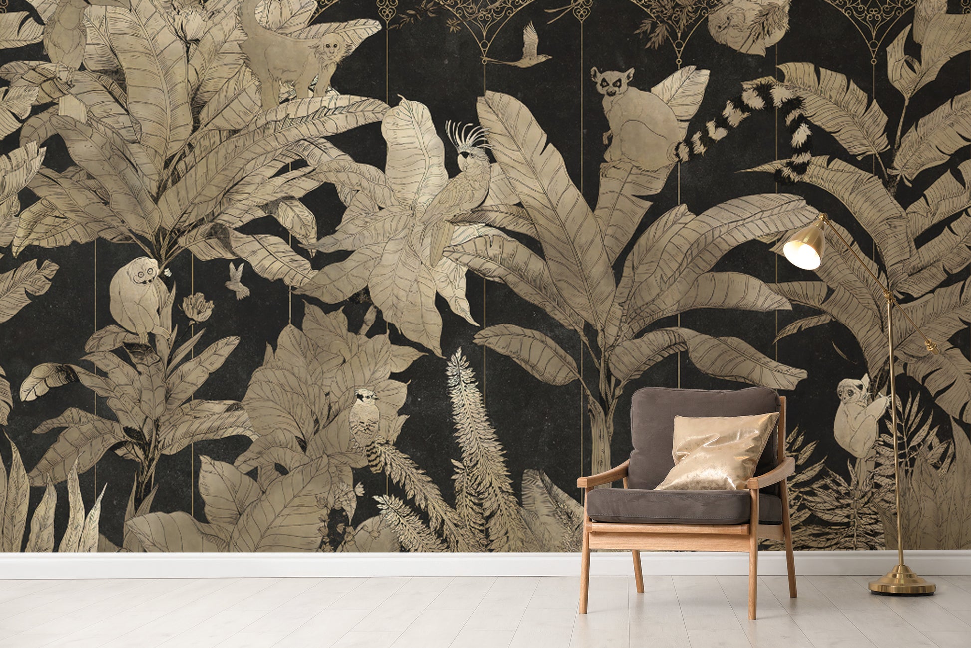 Bold gold wallpaper with exotic animals and leaves
