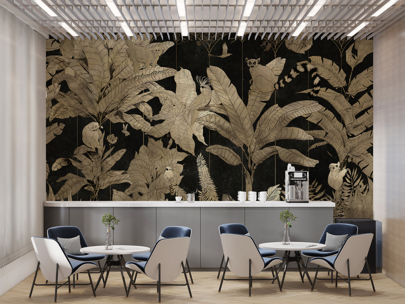 Jungle-themed wallpaper with tropical plants and birds
