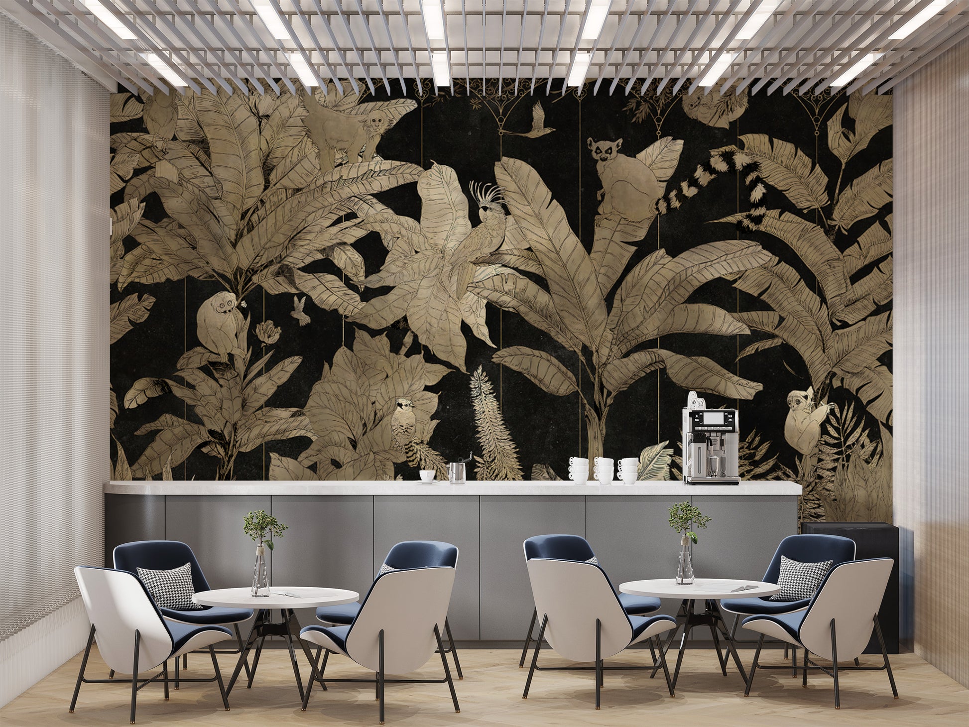 Jungle-themed wallpaper with tropical plants and birds
