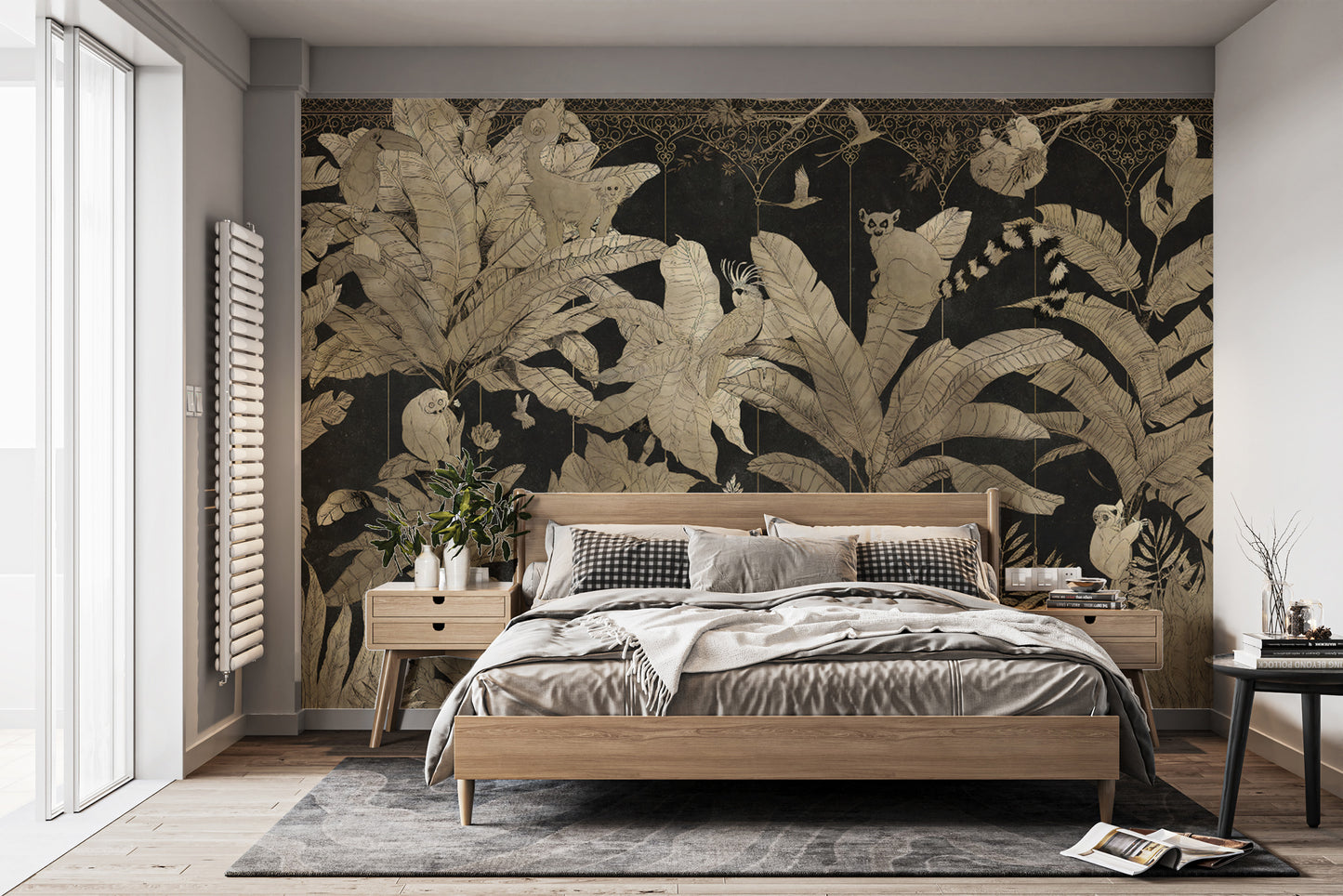 Black and gold jungle wallpaper with intricate details
