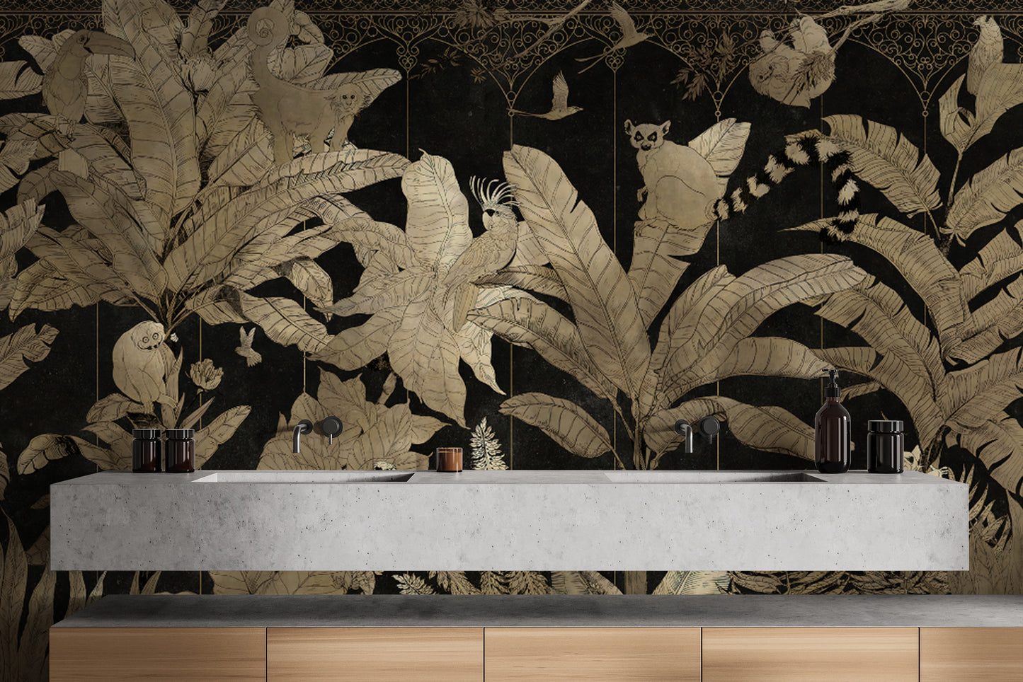 Luxury gold wallpaper with tropical leaves and lemurs

