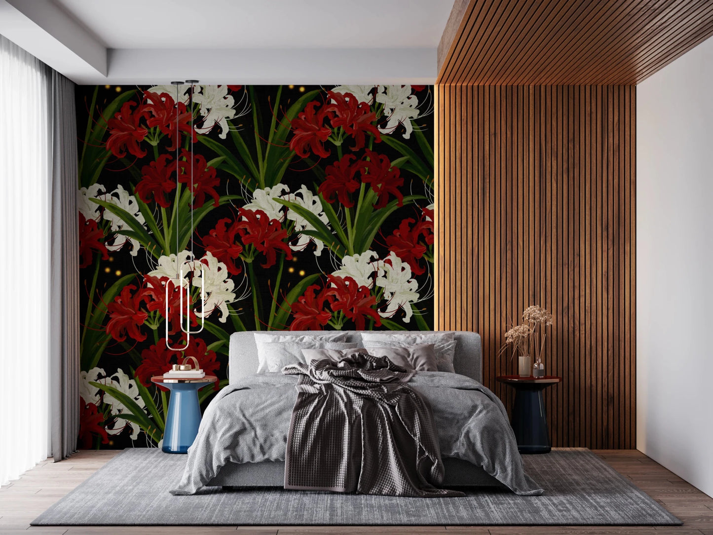 Lycoris Noir Midnight Romance white red flowers bloom Wall Mural