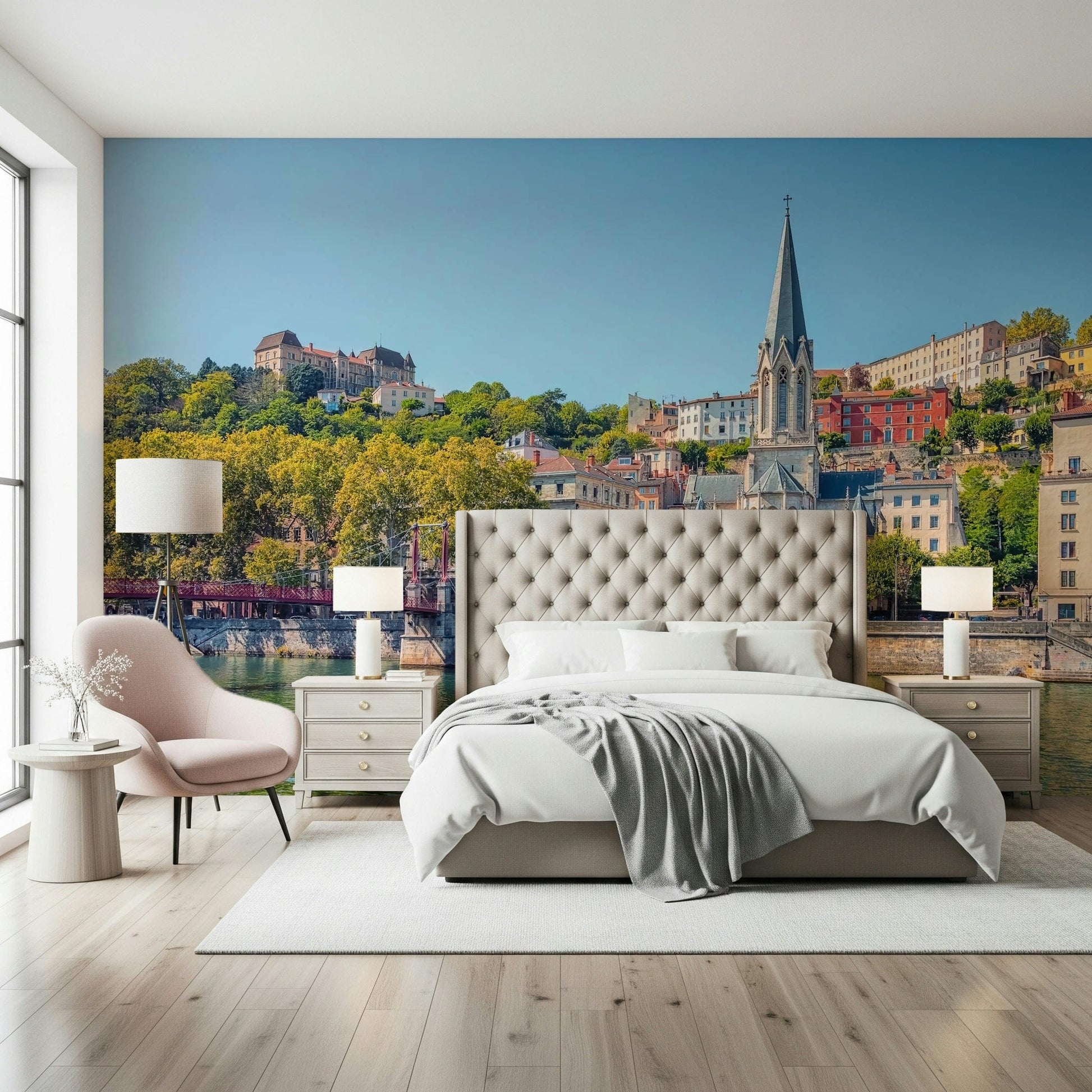Lyon riverside mural in hallway, modern home styling in colour