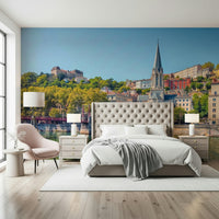 Lyon riverside mural in hallway, modern home styling in colour
