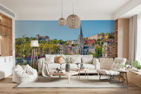 Lyon skyline mural on dining wall, muted modern colours