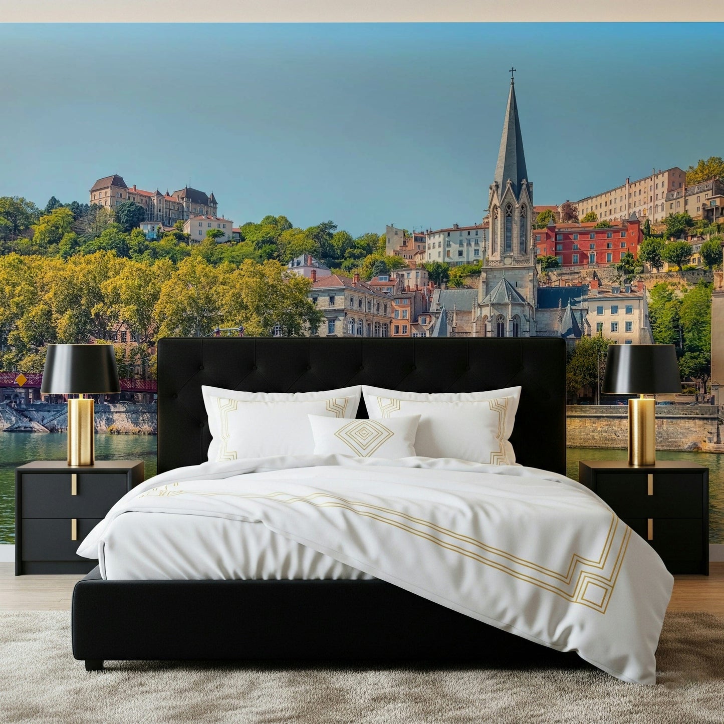 Minimal lounge with Lyon mural, soft colour riverside view