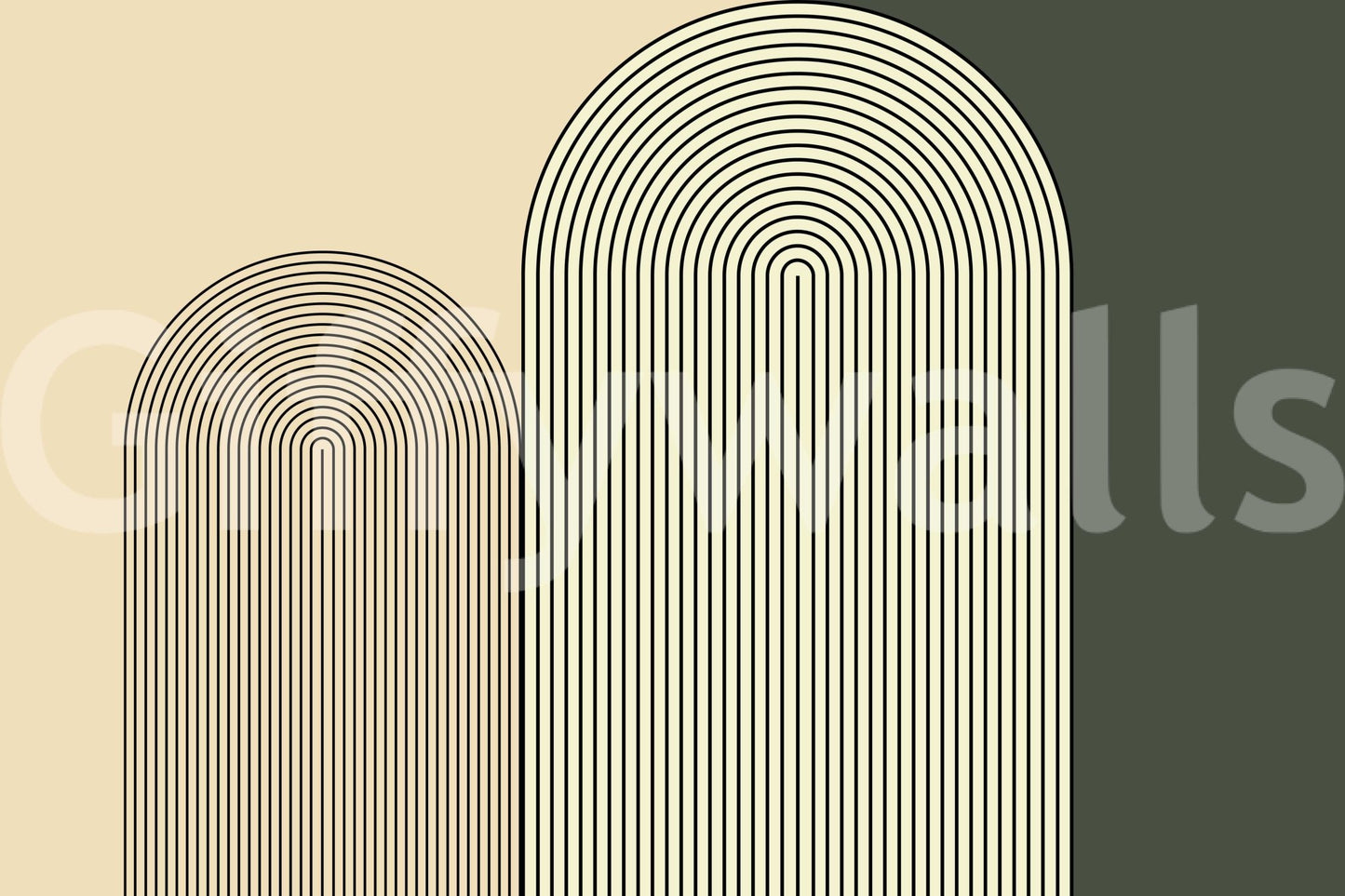 M-C Geo No 01 Minimalist Arch wallpaper mural close-up showing concentric line arches in cream and olive green