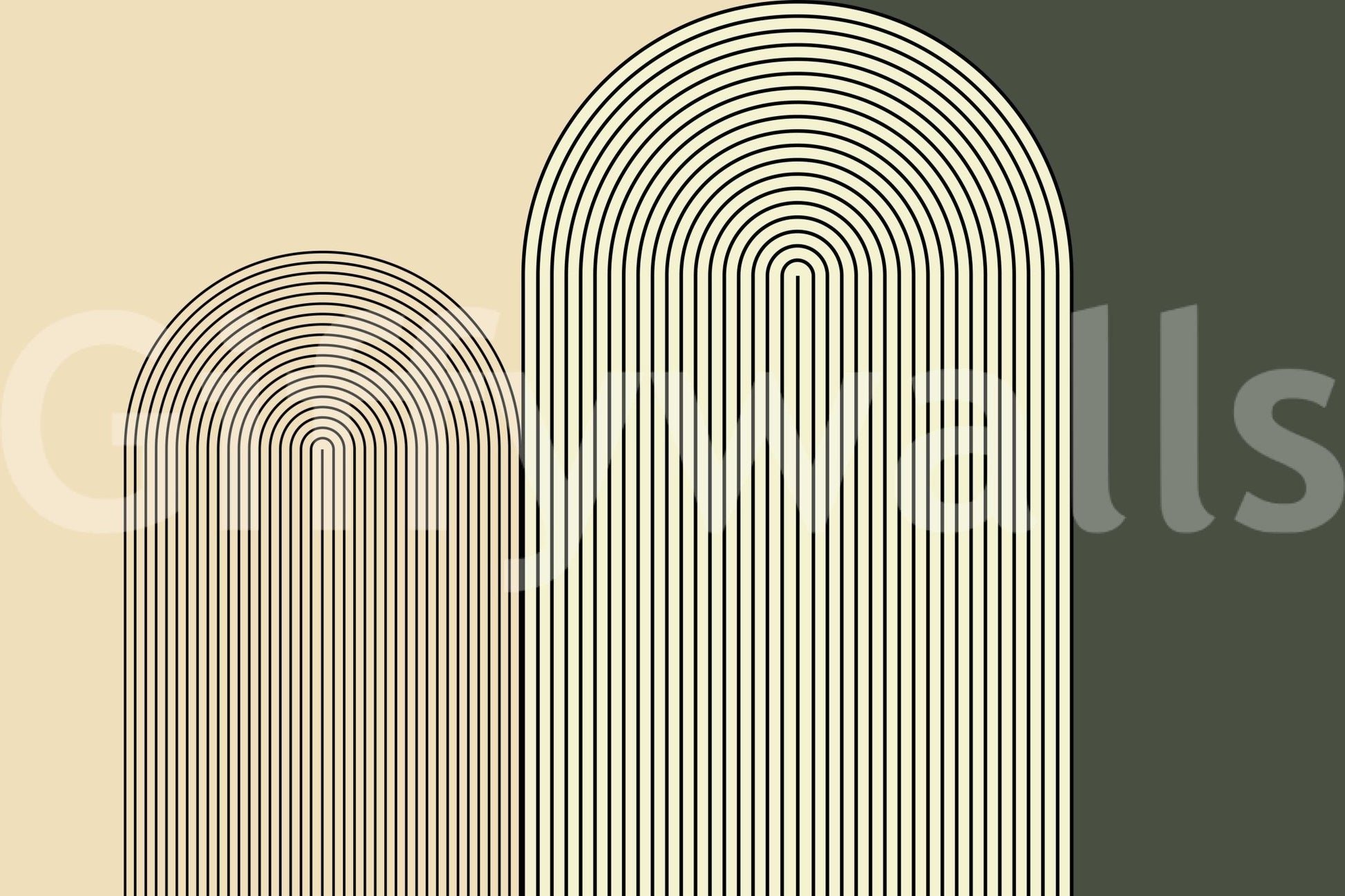 M-C Geo No 01 Minimalist Arch wallpaper mural close-up showing concentric line arches in cream and olive green