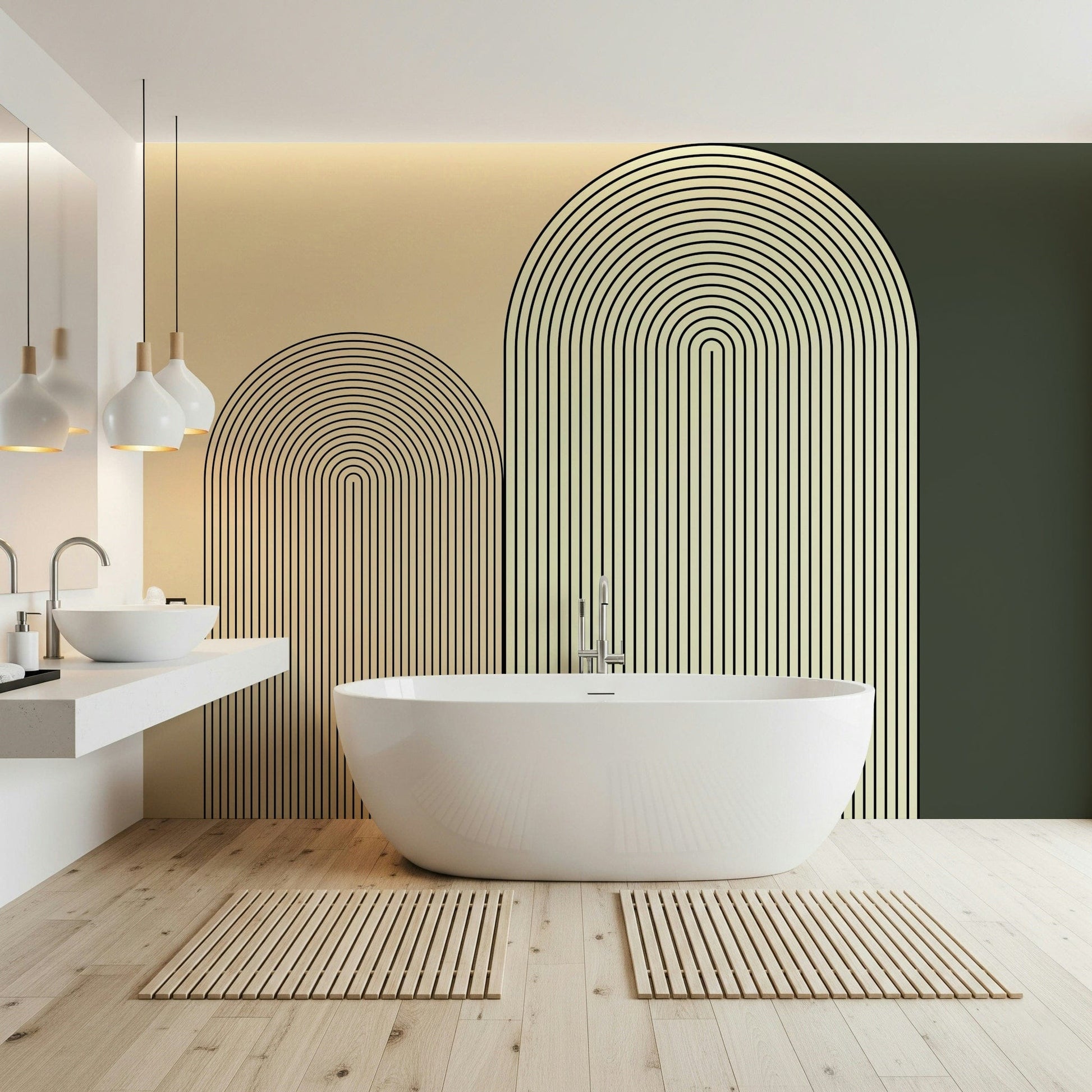 M-C Geo No 01 Minimalist Arch wallpaper mural in beige and green behind a freestanding tub in a modern bathroom