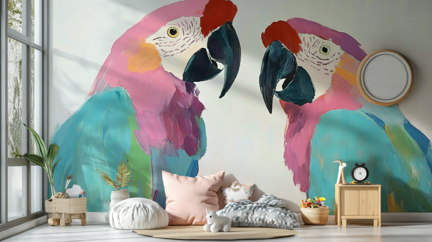 Vibrant parrot wallpaper with foliage

