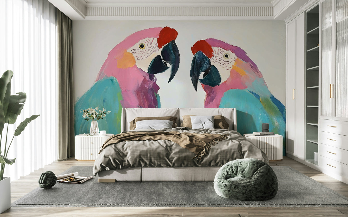 Tropical birds mural with macaws

