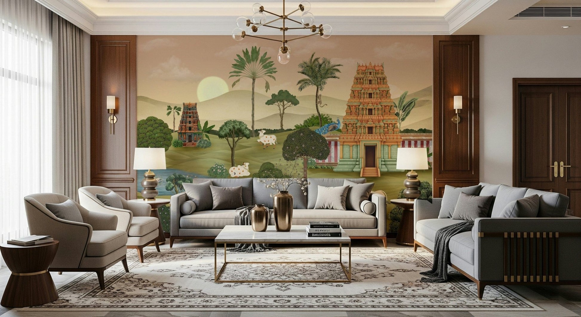 Moonlit forest-themed Madhuban wall mural in muted blue and grey
