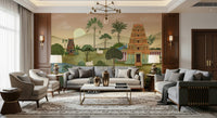Moonlit forest-themed Madhuban wall mural in muted blue and grey