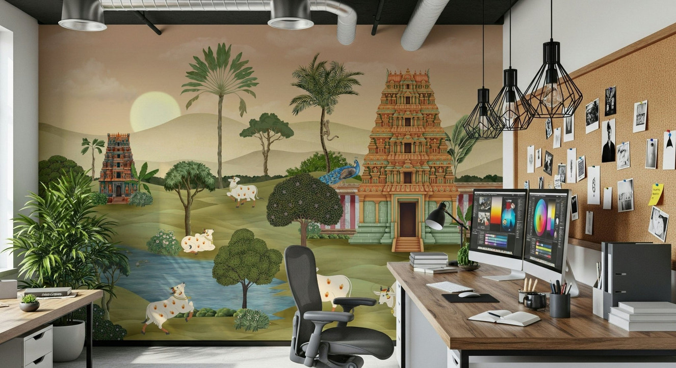 Madhuban Moonlight wall mural with trees and soft night sky tones